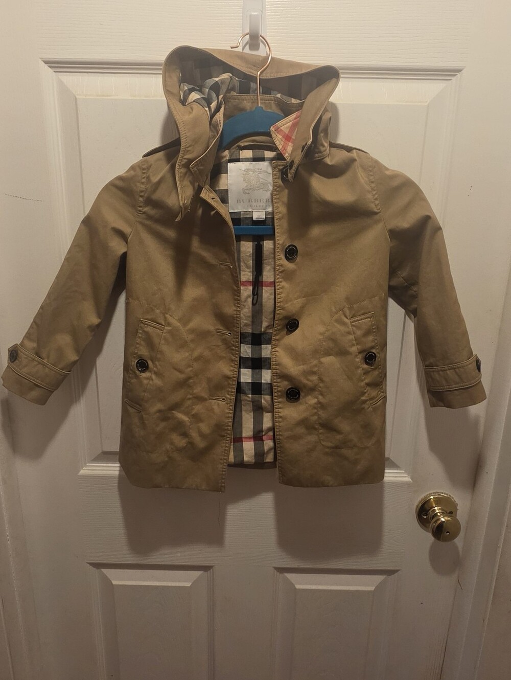 Burberry Kids Tan Hooded Raincoat with Plaid Lining
